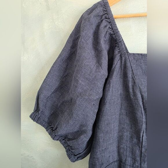 Garnet Hill Europe Linen Puff-Sleeve Midi Dress Chambray Tiered Smock Back Sz L - Picture 9 of 10